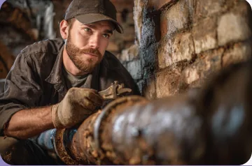 Technician repairing pipes in an older home